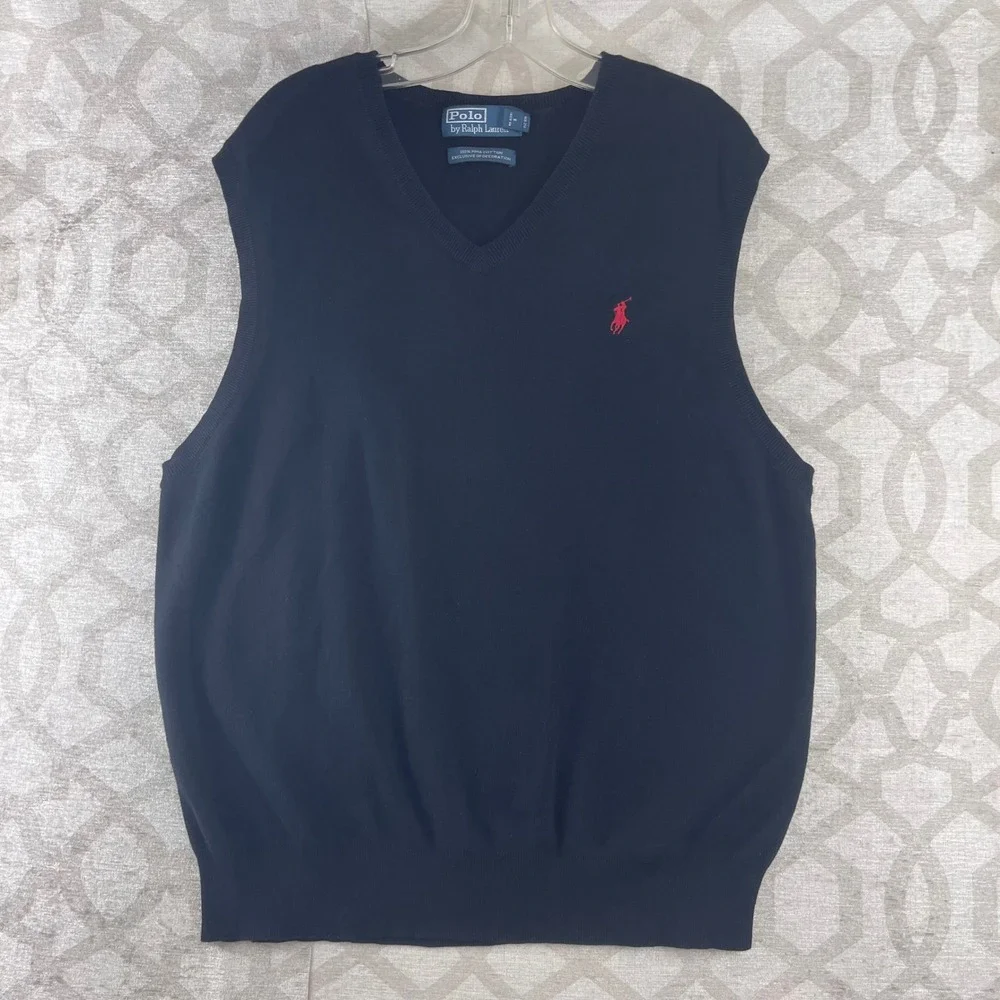 Polo Ralph Lauren Mens XL‎ Black 100% Pima Cotton V-Neck Sweater Vest Pony